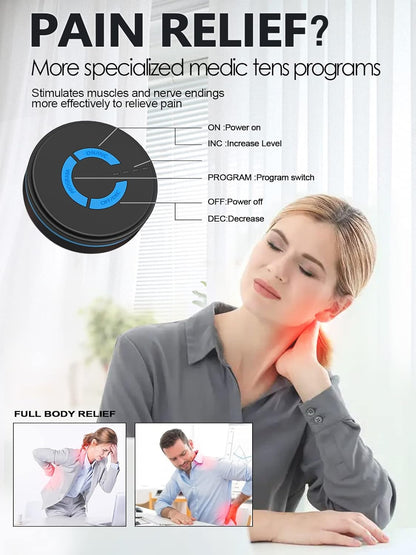 TENS – Unidad negra con 2 almohadillas, mini máquina de masaje de microcorriente EMS, instrumento de fisioterapia multifunción de baja frecuencia, estimulador muscular y dispositivo de terapia