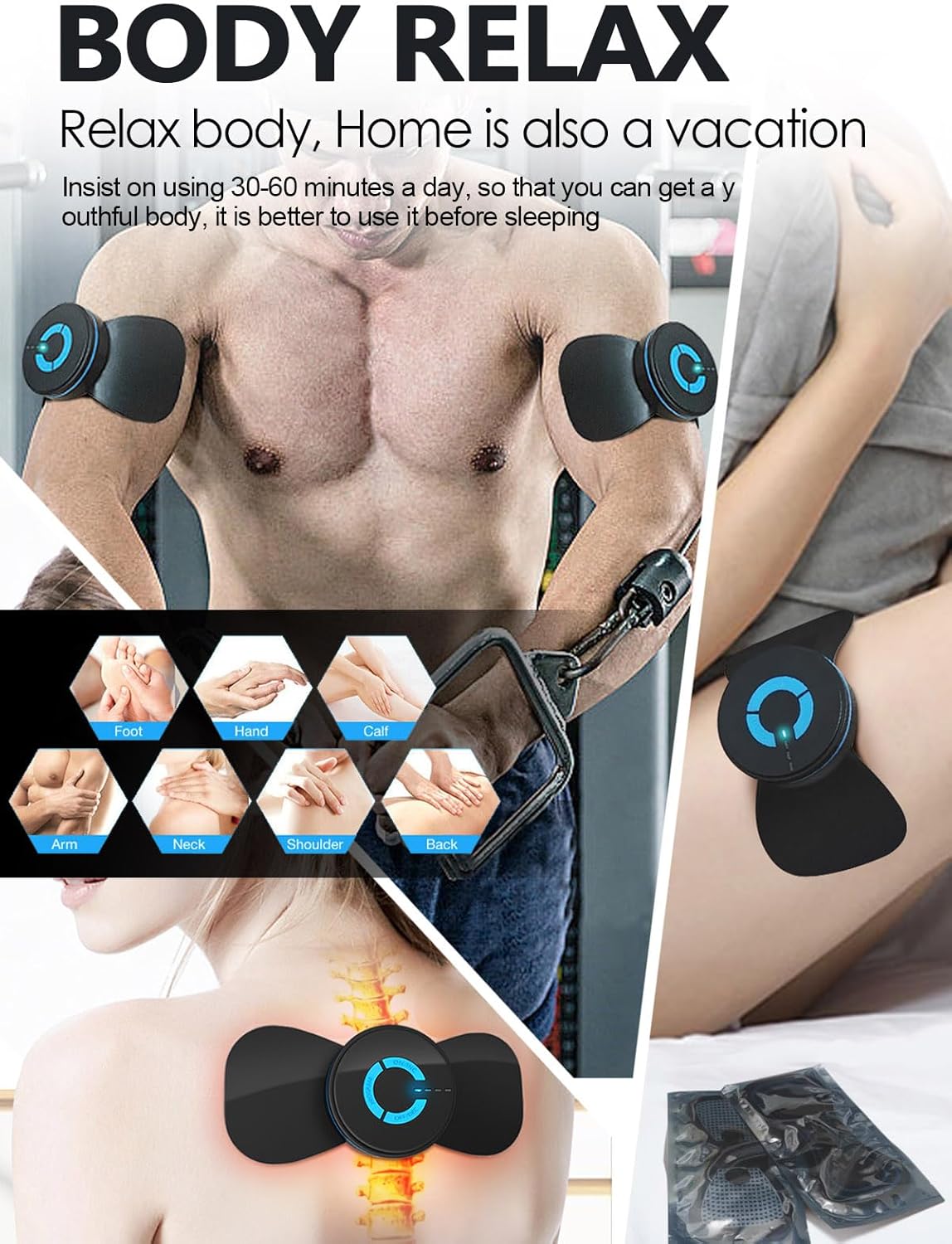 TENS – Unidad negra con 2 almohadillas, mini máquina de masaje de microcorriente EMS, instrumento de fisioterapia multifunción de baja frecuencia, estimulador muscular y dispositivo de terapia